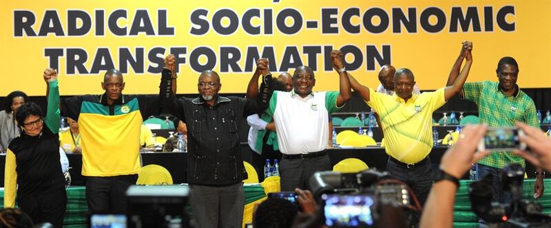 Die nuutverkose topses van die ANC - Jessie Duarte, Ace Magashule, Gwede Mantashe, Cyril Ramaphosa, David Mabuza en Paul Mashatile.Foto: Deaan Vivier
